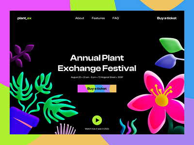 Plant Exchange Festival × Welcome Screen colorful exchange festival flowers header landing page menu modern plants pseudo 3d ui web design welcome screen