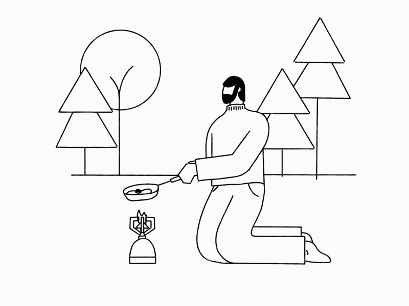 Sunnyside upside down animation camping character cooker design fried egg gas illustration man motion trees woods
