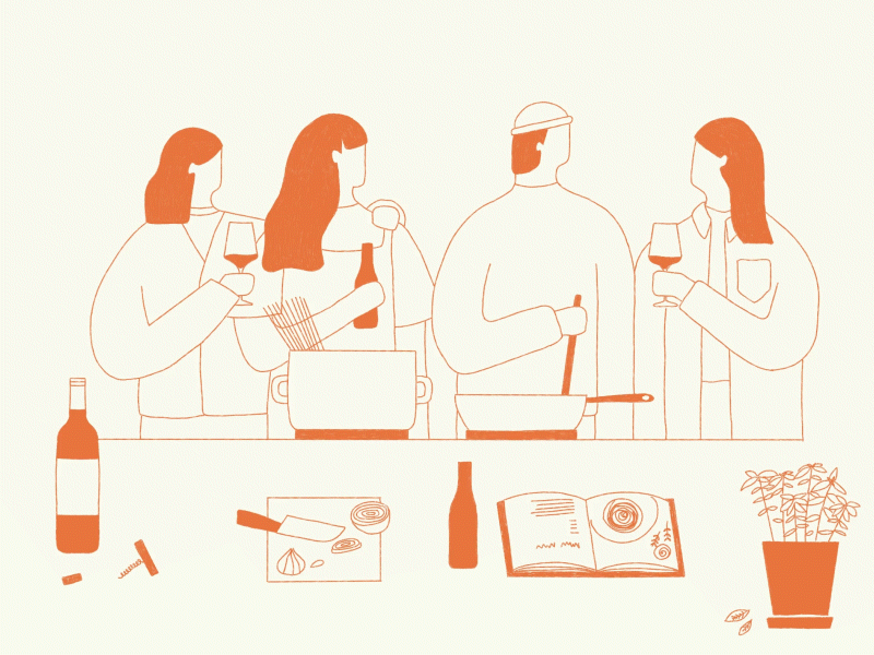 Dinner Party with Friends cooking dinner party drinks food friends fun illustration kitchen lineillustration motion people peoples social wine woman women