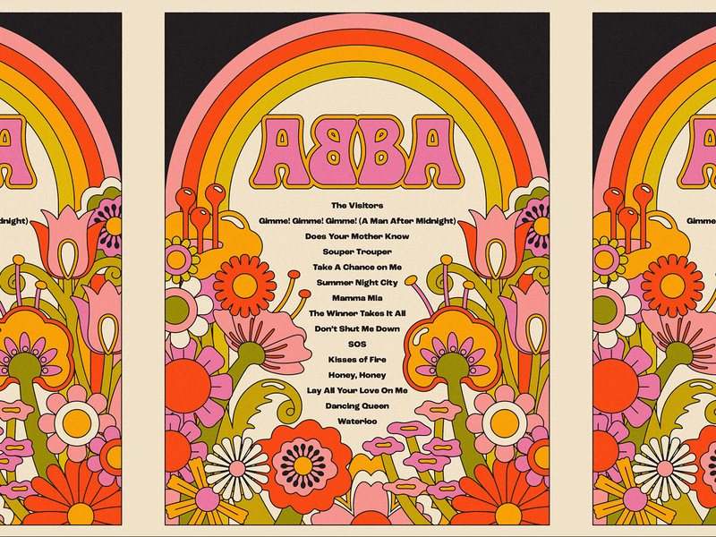 ABBA Voyage 60s 70s 80s abba abba voyage disco flowers gig poster illustration music poster rainbow setlist show trippy voyage