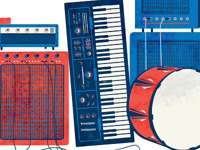red white blue american amps beer flag guitar illustration instruments keyboard red white blue speakers texas