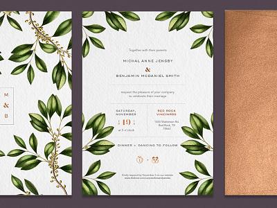 Peaches + Pandas botanical ceremony copper floral foil invitation invite layout leaves marriage wedding