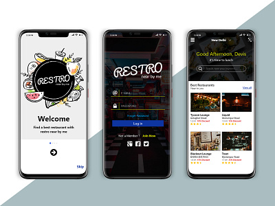 Restro near by me screens app ui design full ui kit login screen mobile app restaurant home page uidesign welcome screen
