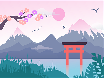 Landscape Japan art illustration japanese mountains nature painted sakura vector web