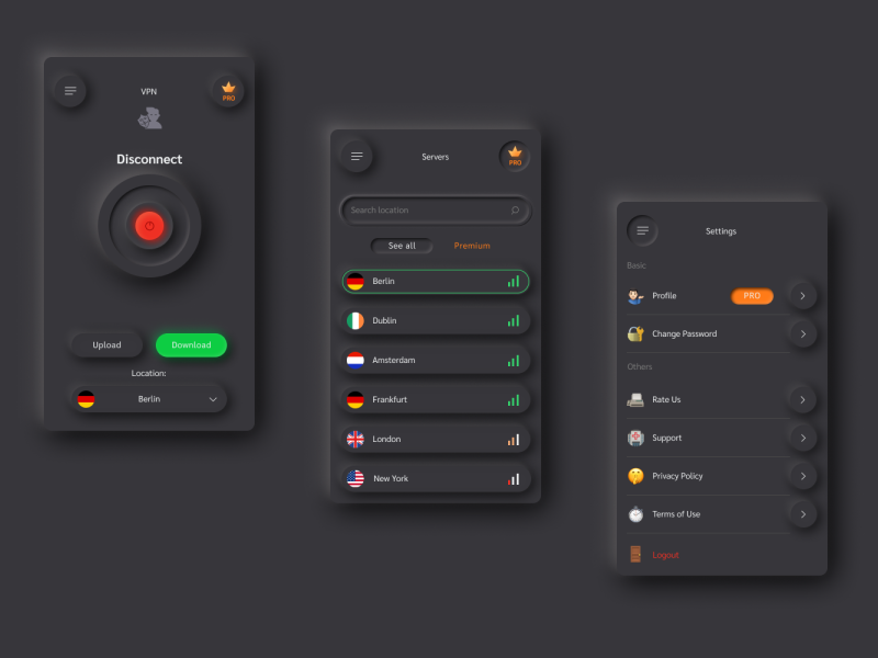 VPN ui/ux application, skeuomorphism by Elisa on Dribbble