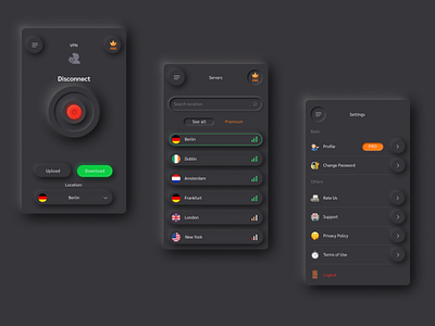 VPN ui/ux application, skeuomorphism