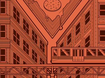Chicago Assembled [GIF] buldings chicago city deepdish gif il illinois illustration pepperoni pizza pizza pie train