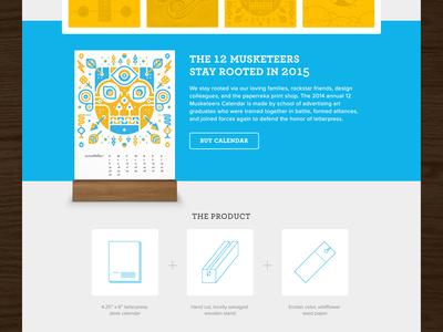 12 Musketeers - 2015 Site - Middle blue calendar grain letterpress paper script ui ui design web design website wood yellow