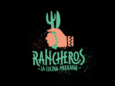 Logo Rancheros black cactus hand mexican restaurant turquoise typography