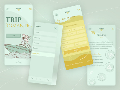 Romantic Trip - Mobile blue cartoon clean dating app grreen illustration minimalism mobile pastel retro romantic sand sea trip ui ux yacht