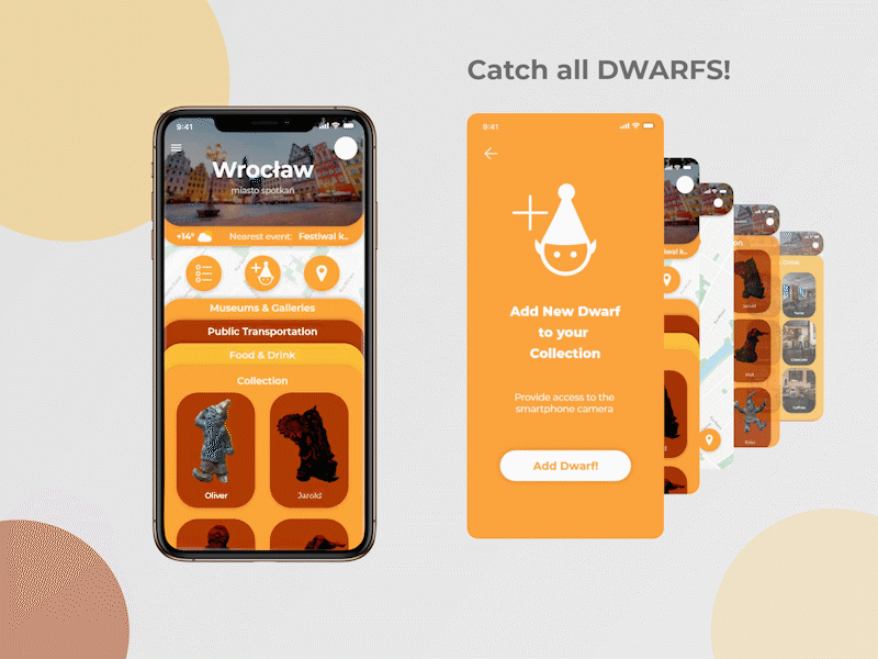 City App UI Design | Catch all DWARFS in Wroclaw app design app ui mobile app mobile design mobile ui travel app ui ui ux ui design uidesign uiux ux ux ui ux design uxdesign uxui