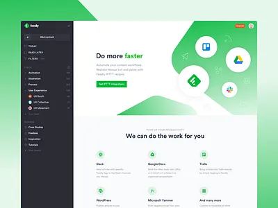 Feedly integrations landing page desktop feedly integrations landing page reader redesign rss testimonials ui ux