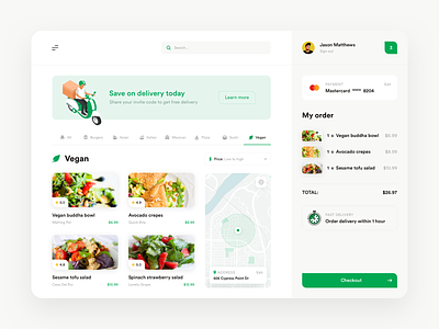 Delivery app banner basket checkout delivery desktop eco ecommerce food location map payment products shopping cart ui vegan