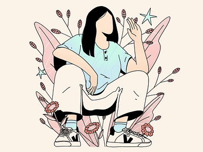 Squatin' in da bushes abstract character dots editorial illustration girl halftone illustration outline pattern procreate streetwear texture vibe