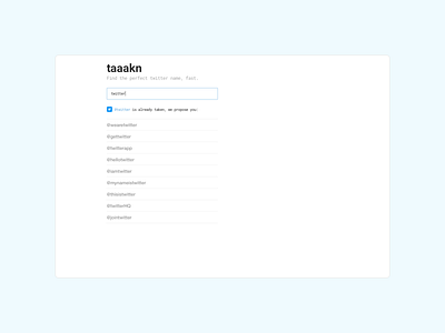 Taaakn app clean interface minimal search simple twitter ui username ux web