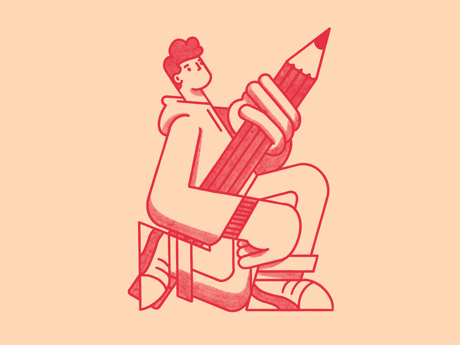 a man is struggling to lift a huge pencil abstract big editorial design editorial illustration halftone illustration man pen pencil procreate streatwear