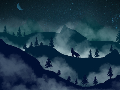 Landscape Drawing fog ghost horror landscape design landscape illustration moon night wolf