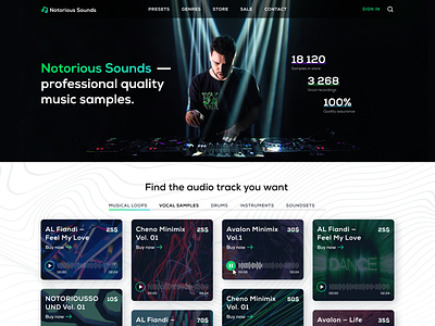 Notorious Sounds — Music store homepage auto layout design disco dj figma gradient landing page music store musician musicians sample samples sing store track typography vocal
