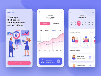 Business analytics - App analitycs android app app business cards figma flat flat illustration icons illustration ios app pink schedule statistic subscribe ui ux vector vector art visual design