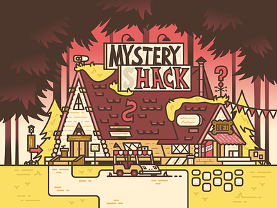 Come on down to the Mystery Shack! golf cart gravity falls shop stroke sunset trees vector
