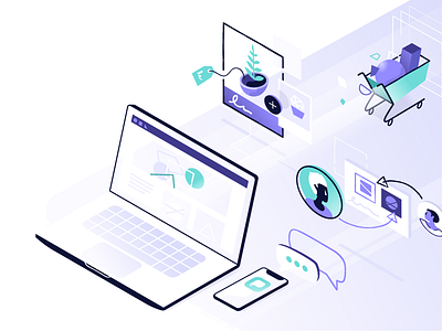 Marketing Tech 3d illustrator isometric laptop marketing purple shopify