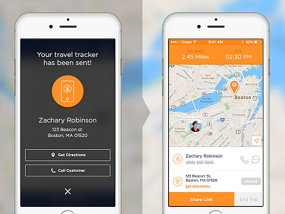 On My Way travel tracker app confirmation gps map mobile overlay tracker ui ux