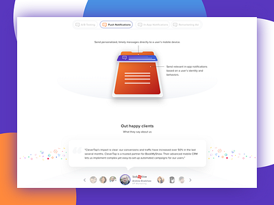 Features and Testimonials UI For CleverTap Home Page design clevertap clevertap ux features ui home pave features ui testimonials ui