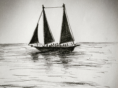 Pencil sketch drawing boat in open sea