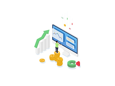 checking the stock market design for sale illustration isometric isometric illustration landing page stock market ui ux vector