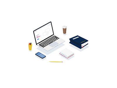 work set up design for sale documents illustration isometric mac office ui ux vector