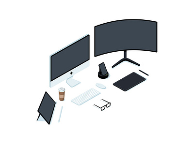 Workspace set up 3d designer illustration isometric office vector work workspace