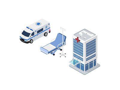 isometric hospital, ambulance and bed ambulance building car design for sale healthcare hospital illustration insurance isometric medical vector