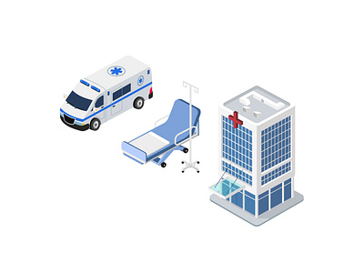 isometric hospital, ambulance and bed