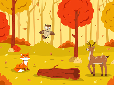 Autumn Forest Background animal autumn background deer flat illustration forest fox illustration owl vector