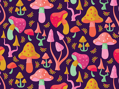 Happy Mushrooms Pattern Design adobe illustrator elivera designs fabric forest fungi mushroom mushroom illustration pattern pattern design seamless pattern surface design vector vector art vector illustration