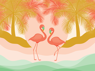 Flamingos Chilling adobe illustrator beach birds boho chilling elivera designs exotic birds flamingo illustration ocean palm trees poster sea summer tropical vector vector art wall art water waves