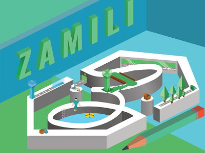 ISOMETRIC ZAMILI LOGO 3d text animation box design illustration isometric isometric design logo pencil pool road tree vector