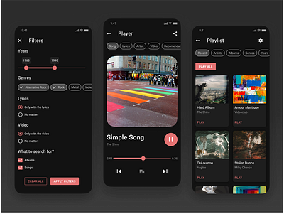 Dark Music app UI concept app bar button cards ui checkbox chips dark mode dark theme filters header icons mobile player radiobutton red slider tabs title tooltip top bar ux
