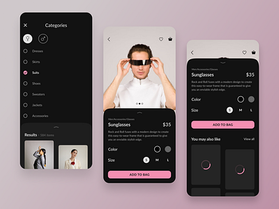 eCommerce Store mobile App UI accessories backdrop button categories checkbox clothes color dark dress filters loading pink price progressbar shop size sunglasses typography user experience ux
