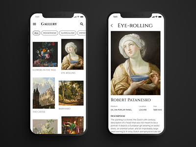 Art Gallery mobile app UI app bar artist chips clean component exhibition image list material menu painting picture top bar typography user experience user interface ux white whitespace