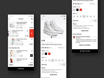 eCommerce Mobile Application app app bar bag black button cart clothes color icons red scroll shoes size swipe typography ui user experience user interface ux white