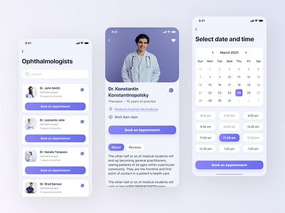 Doctor Here - medical mobile app design booking app button calendar card design details search time typography ui user experience user interface ux