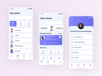 Doctor Here - medical mobile app design booking app booking button card chat colors list main screen medicine profile typography ui user experience user interface ux
