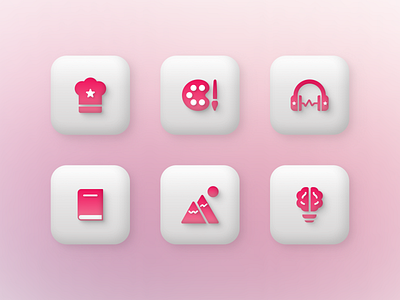 Volumetric Icons 3d branding cooking icon creativity icon gradient icon graphicdesign illustration mountain icon music icon painting icon pink reading icon ui user interface vector web