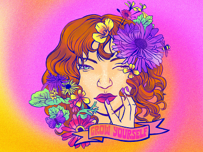 GROW YOURSELF colorful design flowers girl grow illustration retro typography