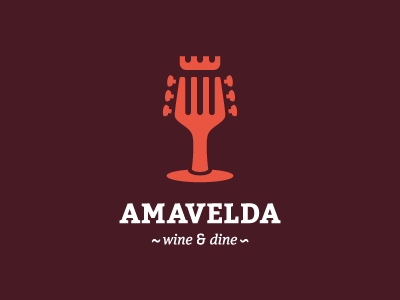 Amavelda crown design diner drink food fork glass guitar guitar head guitar pegs logo mark music restaurant romantic tuning keys wine