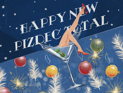 Happy new pizdec total design illustration postcard procreate retro vintage