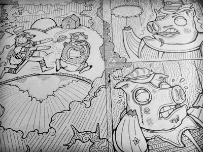 Triune Tale of Diminutive Swine bw childrens book illustration pigs