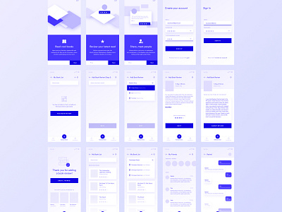 Book Review App Wireframes add friends add review app book app book reading book review sharing book reviews book sharing chat screens friends ios app mobile app onboarding screens review sharing sign in screens sign up screens thank you screen timeline wireframing