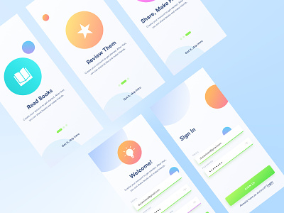 Book App UI WIP abstract shapes app wip awesome gradients book app book screens book ui color exploring concept cool gradients create account screen experimentation log in onboarding playful color scheme playful colors playful gradients sign in sign up slider bullets welcome screen